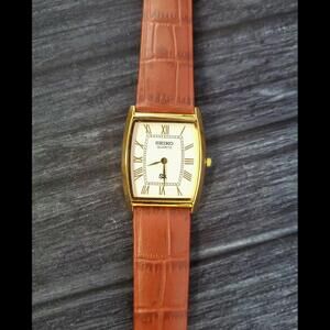 Rare Mens Slim Seiko Gold Barrel Tank White Roman Dial Watch New Mvt & B…‎